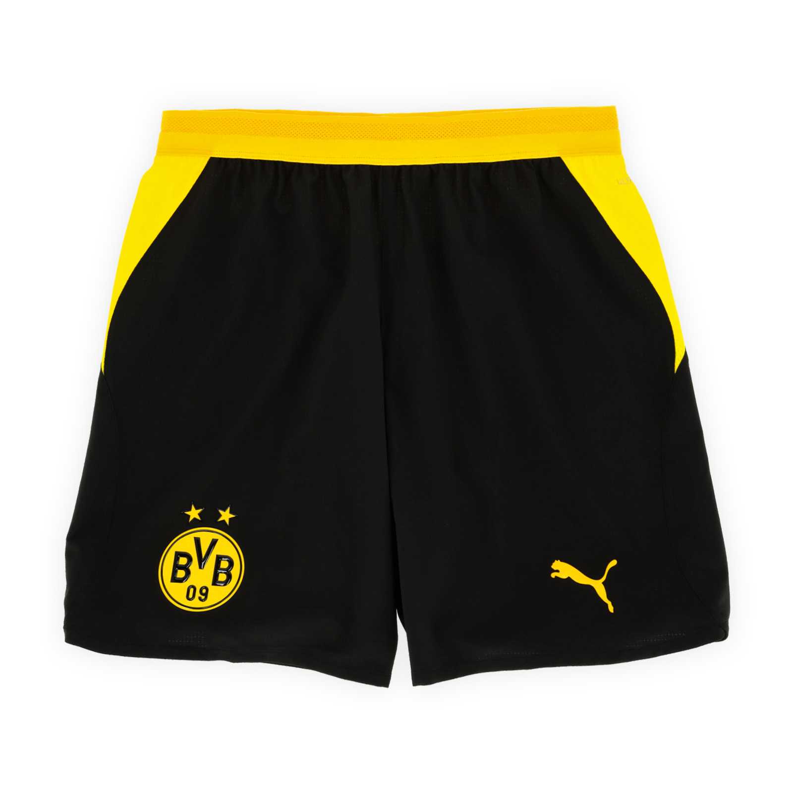 Die Vorderansicht der schwarzen Trikothose mit gelbem Bund, gelber PUMA-Katze und BVB-Emblem auf den Beinen.