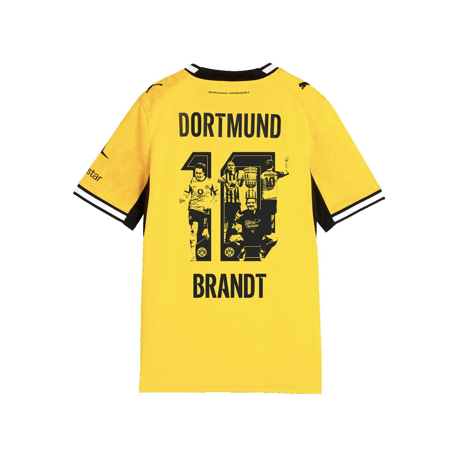 Rückansicht des BVB-Heimtrikots 26/27 mit der Nummer 10 und Bild von Julian Brandt.