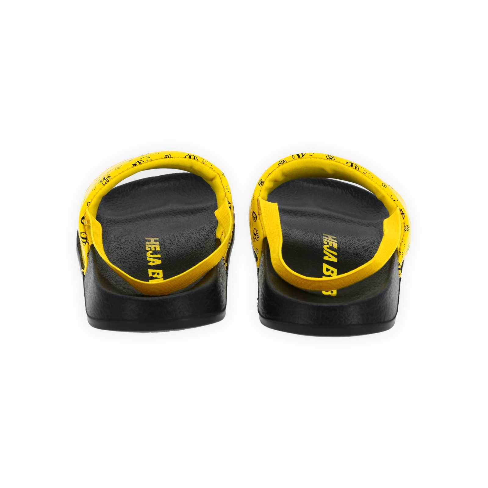 Ansicht von hinten der schwarzgelben BVB-Schlappen mit Riemchen an den Hacken.
