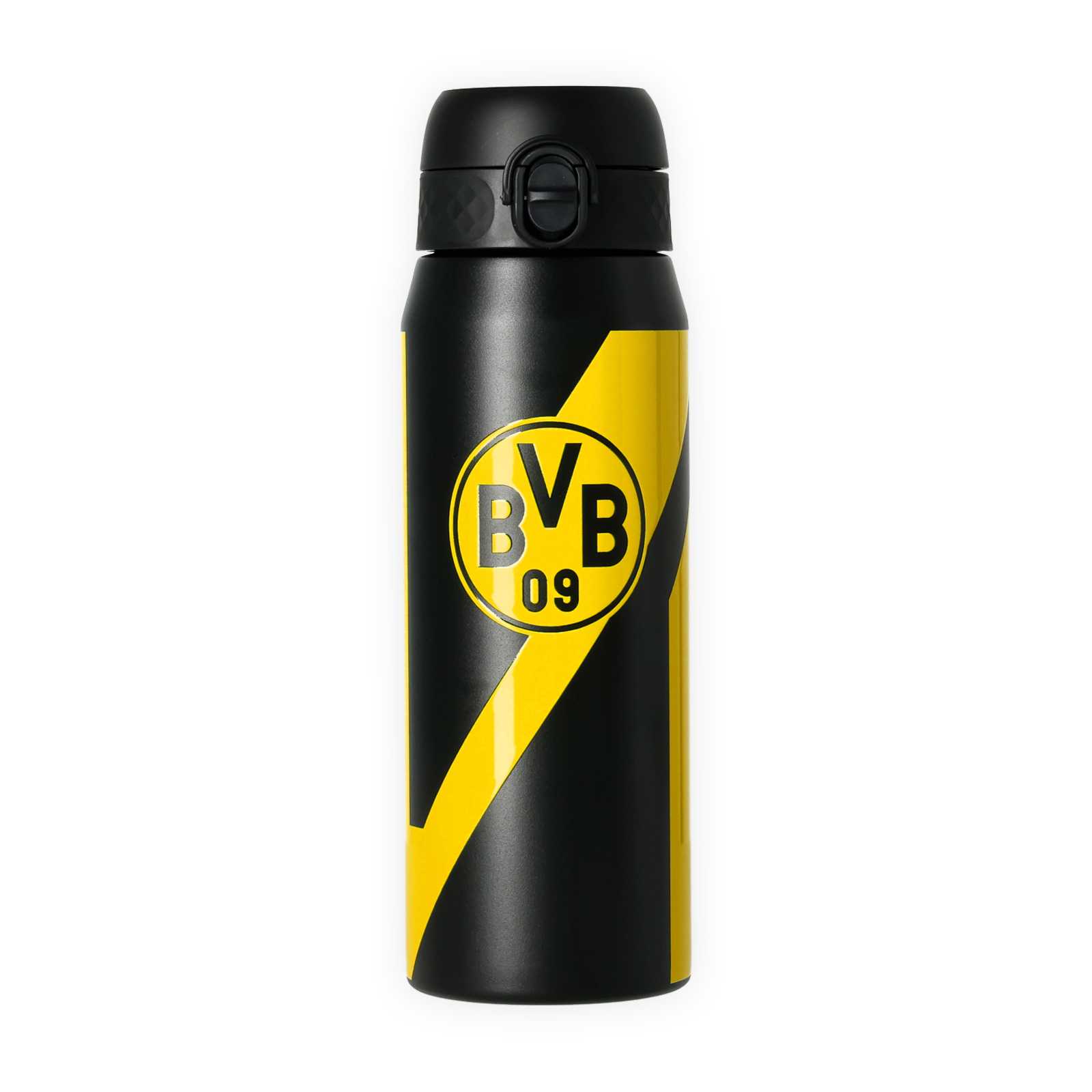 Vorderansicht der schwarzgelben BVB-Trinkflasche mit BVB-Logo.