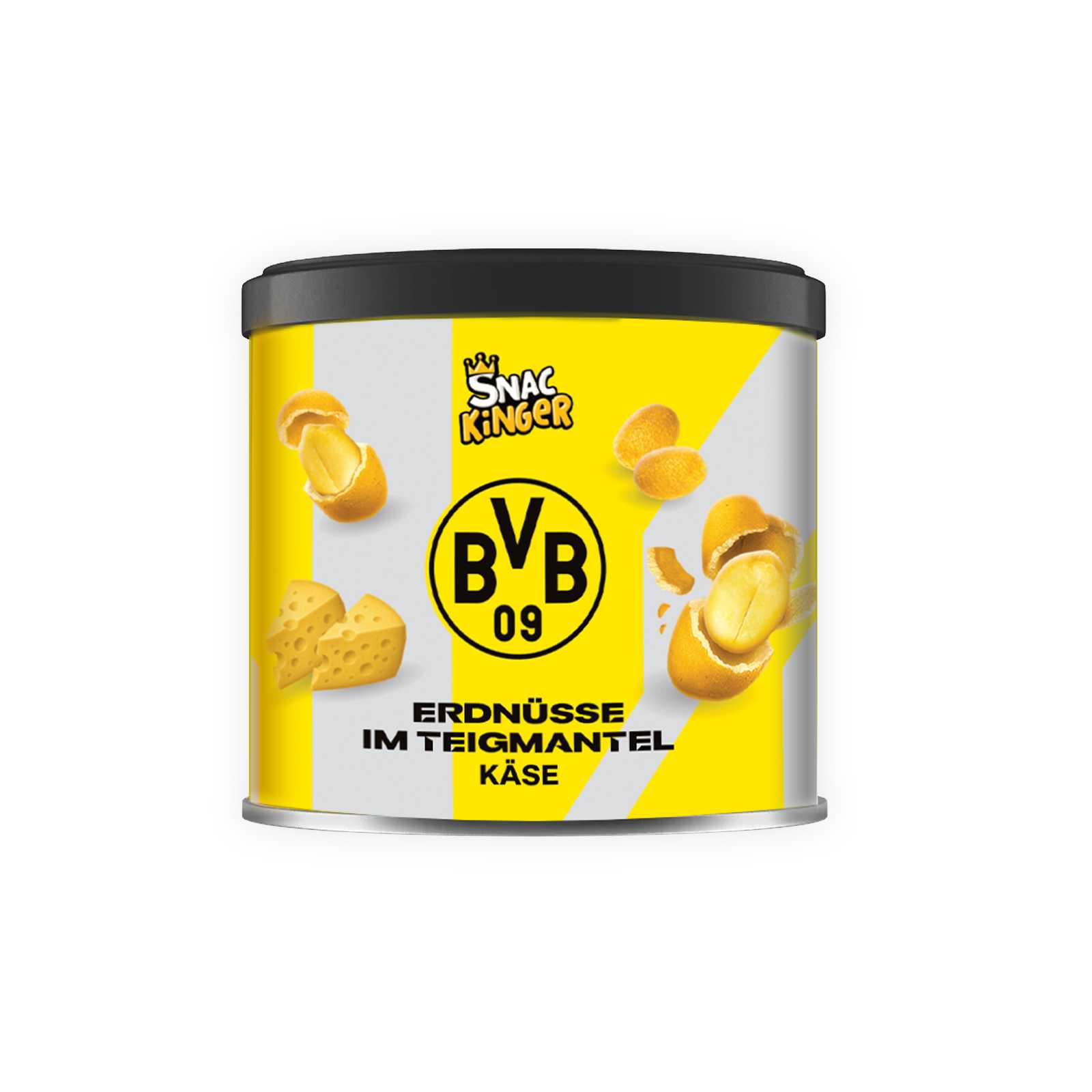 Die Vorderansicht der Erdnuss-Dose mit gelbgrauem Muster, Abbildung der Nüsse, einem BVB-Emblem und der Aufschrift Erdnüsse im Teigmantel Käse