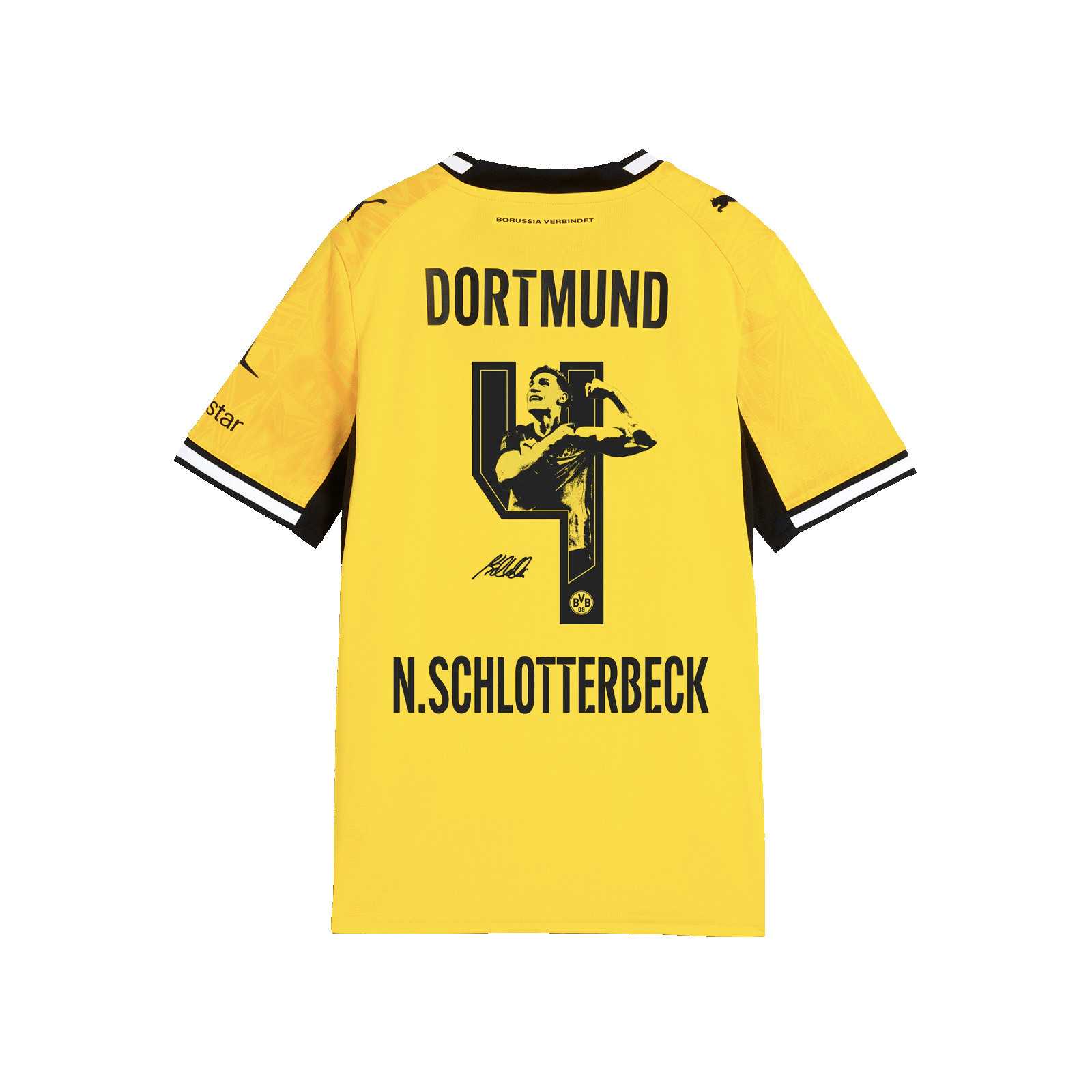 Rückansicht des BVB-Heimtrikots 26/27 mit der Nummer 4 und Bild von Nico Schlotterbeck.