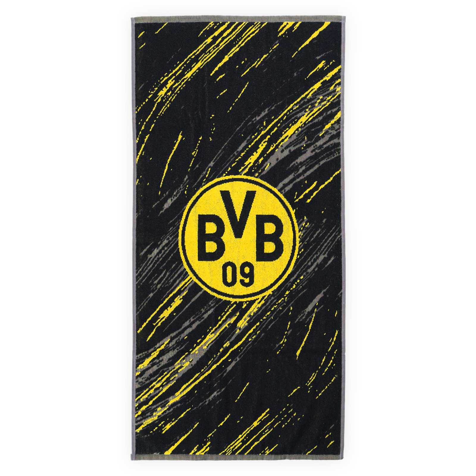 Vorderansicht des schwarzen BVB-Handtuchs mit gelbem Muster und BVB-Logo.