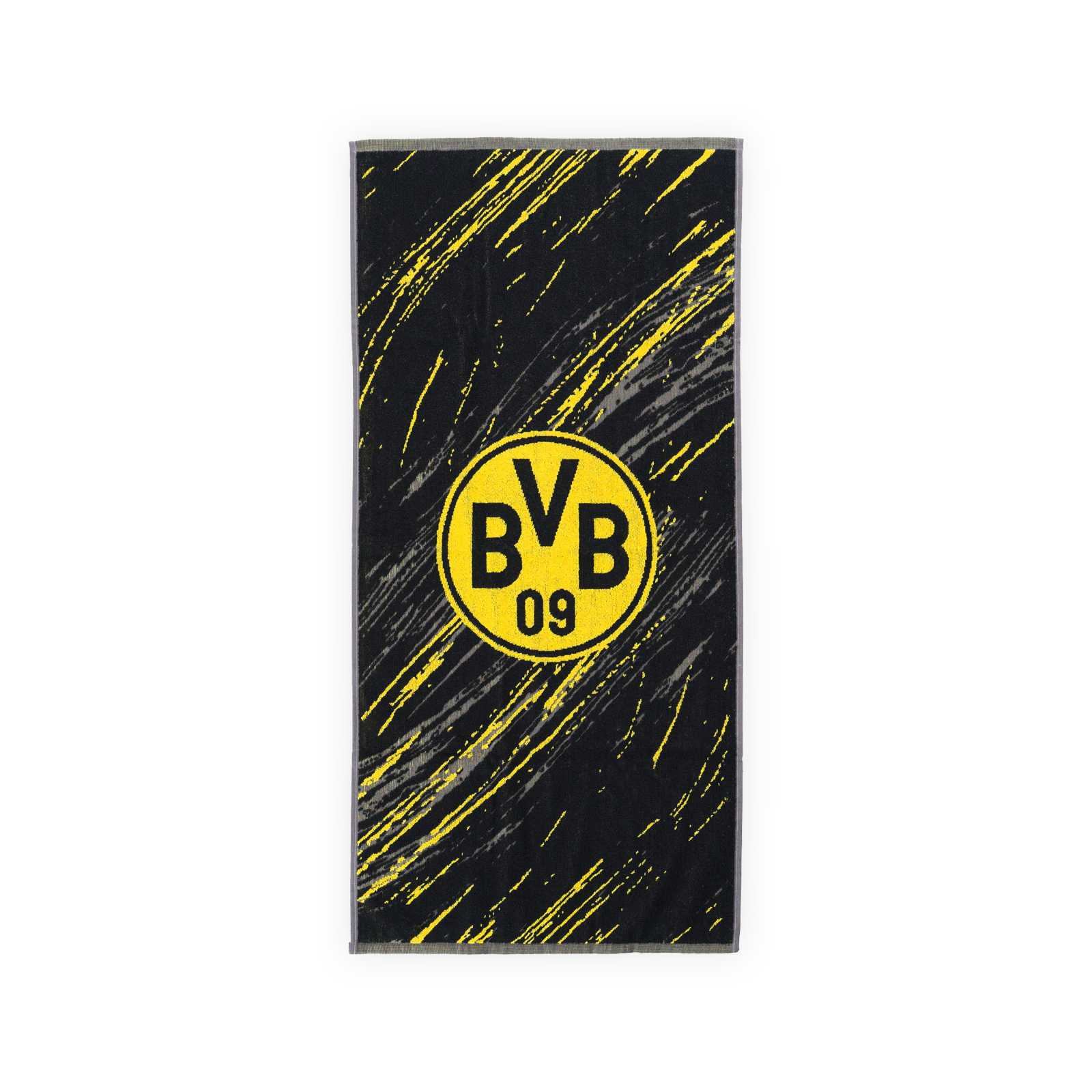 Vorderansicht des schwarzen BVB-Handtuchs mit gelbem Muster und BVB-Logo.