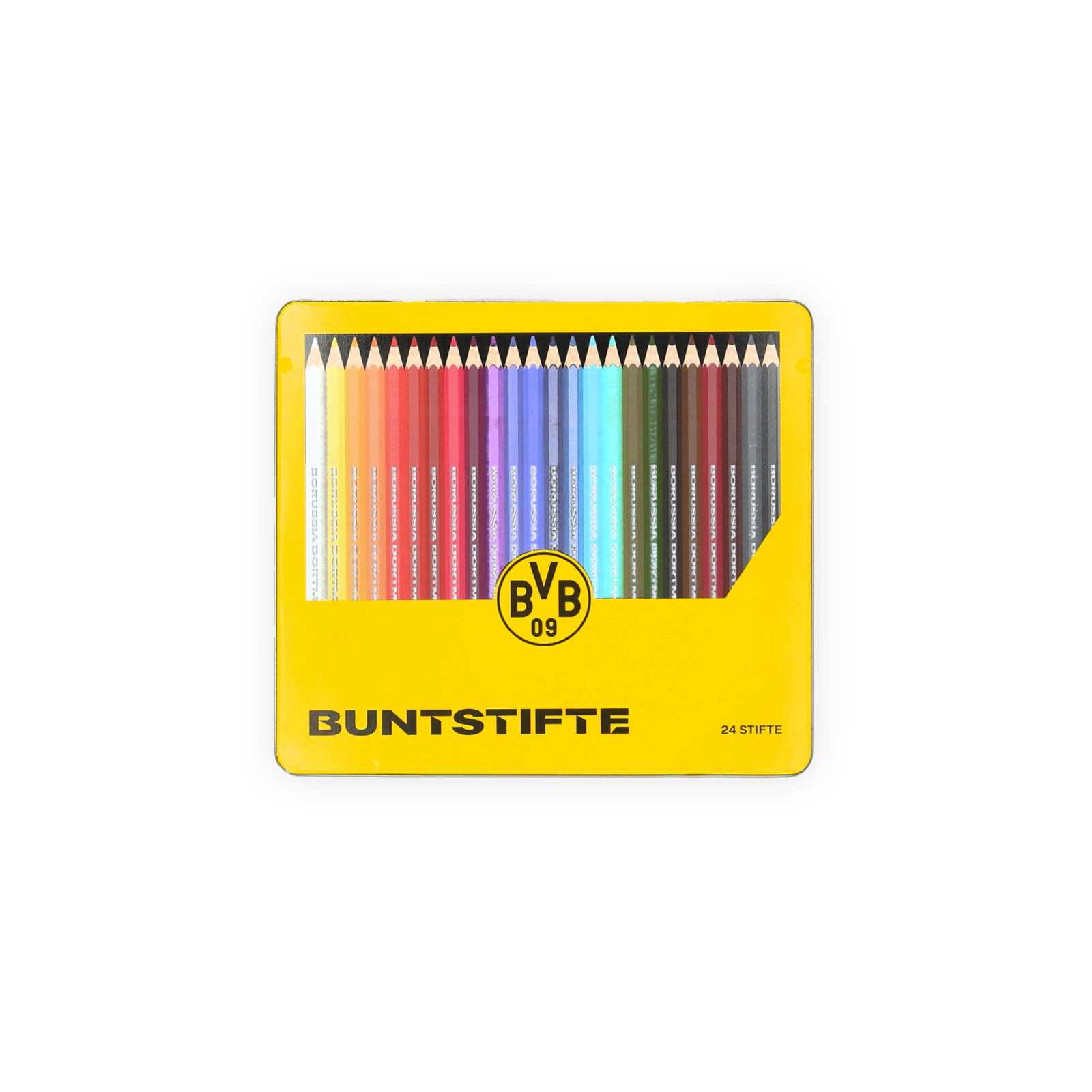 Die nach Farben sortierten Buntstifte in der gelben Verpackung mit BVB-Emblem und der Aufschrift Buntstifte