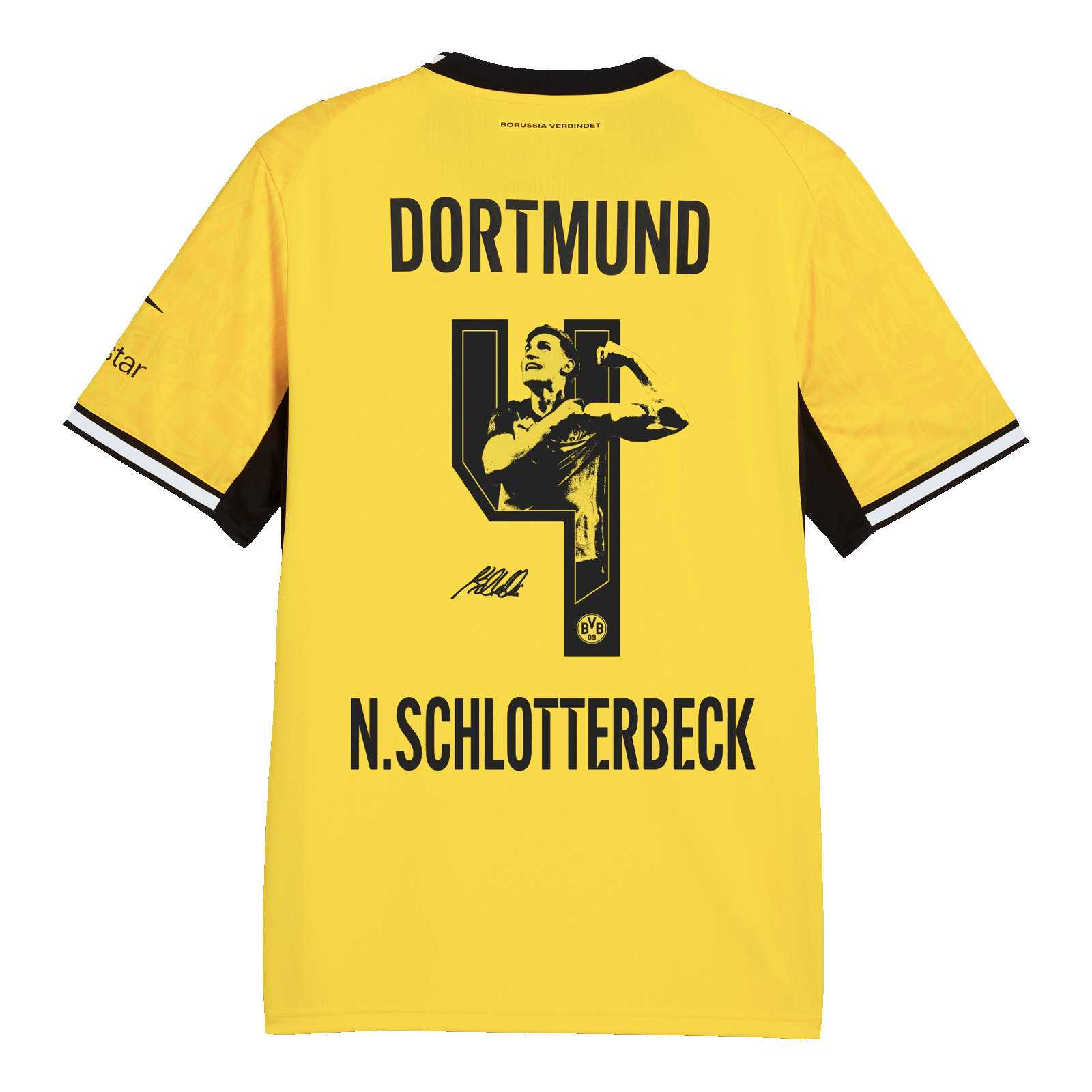 Rückansicht des BVB-Heimtrikots 26/27 mit der Nummer 4 und Bild von Nico Schlotterbeck.