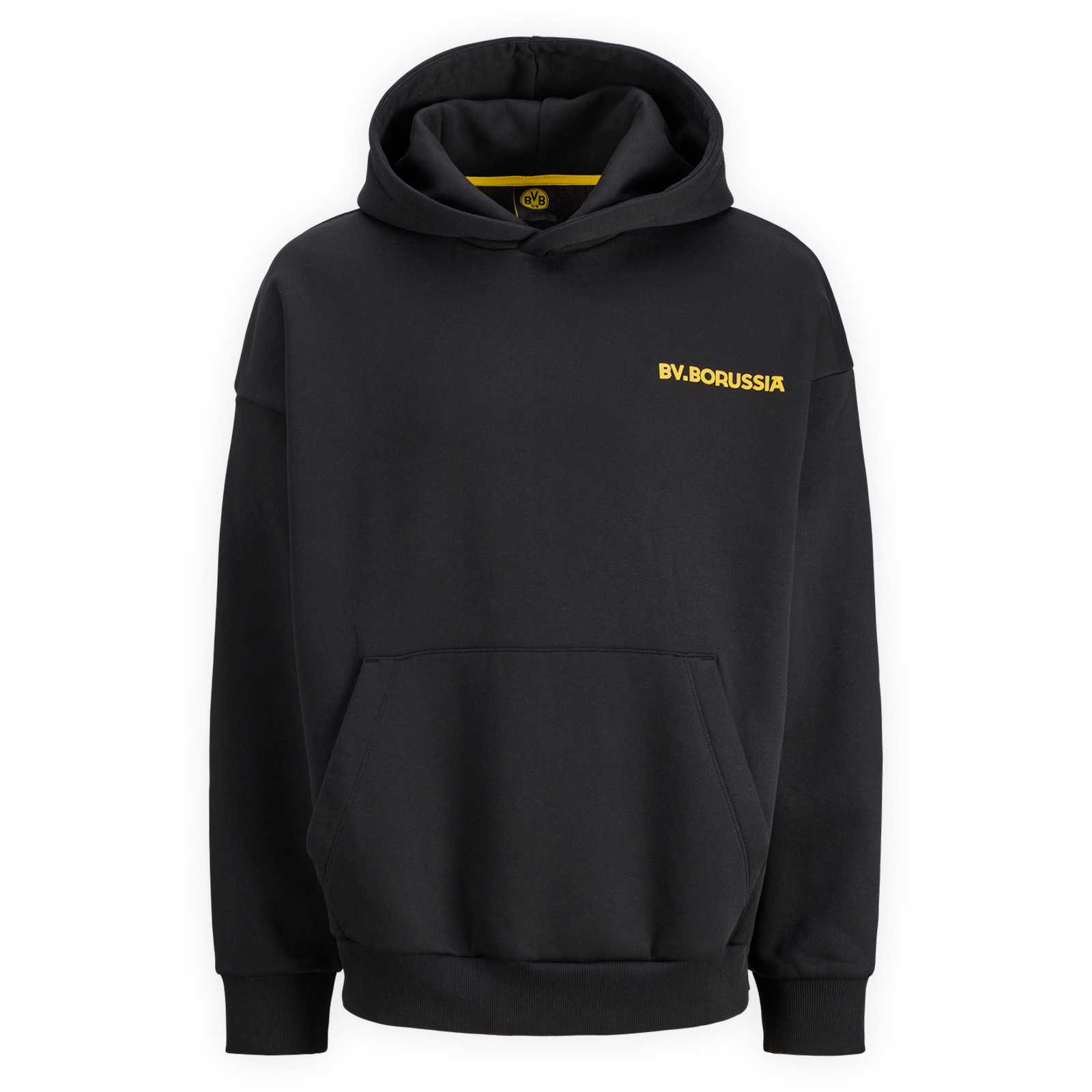 Die Vorderansicht des schwarzen Hoodies mit Kängurutasche und gelbem BV. Borussia Schriftzug auf der Brust