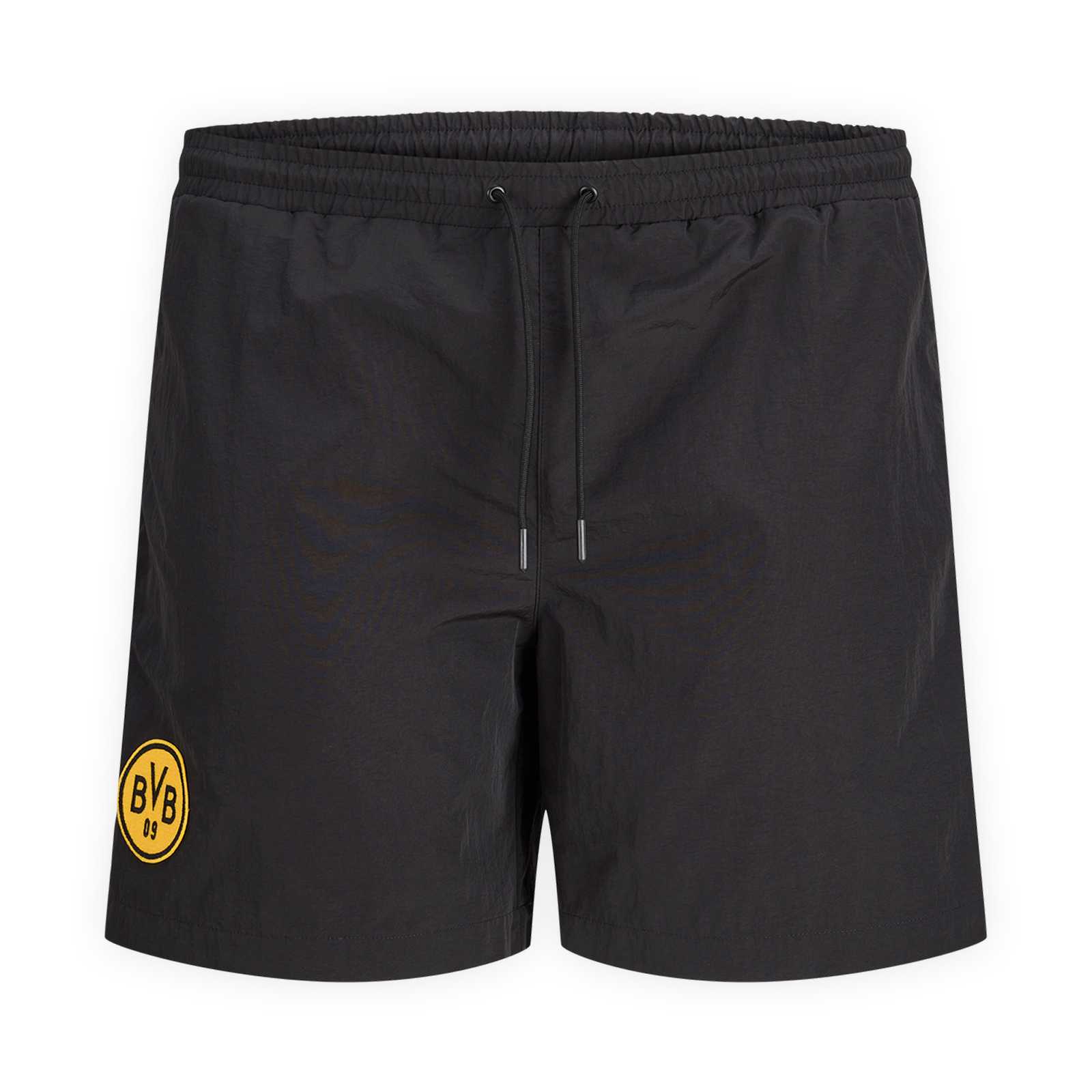 Die Vorderansicht der schwarzen Shorts mit schwarzer Kordel und schwarzgelbem BVB Retro Logo auf dem Bein