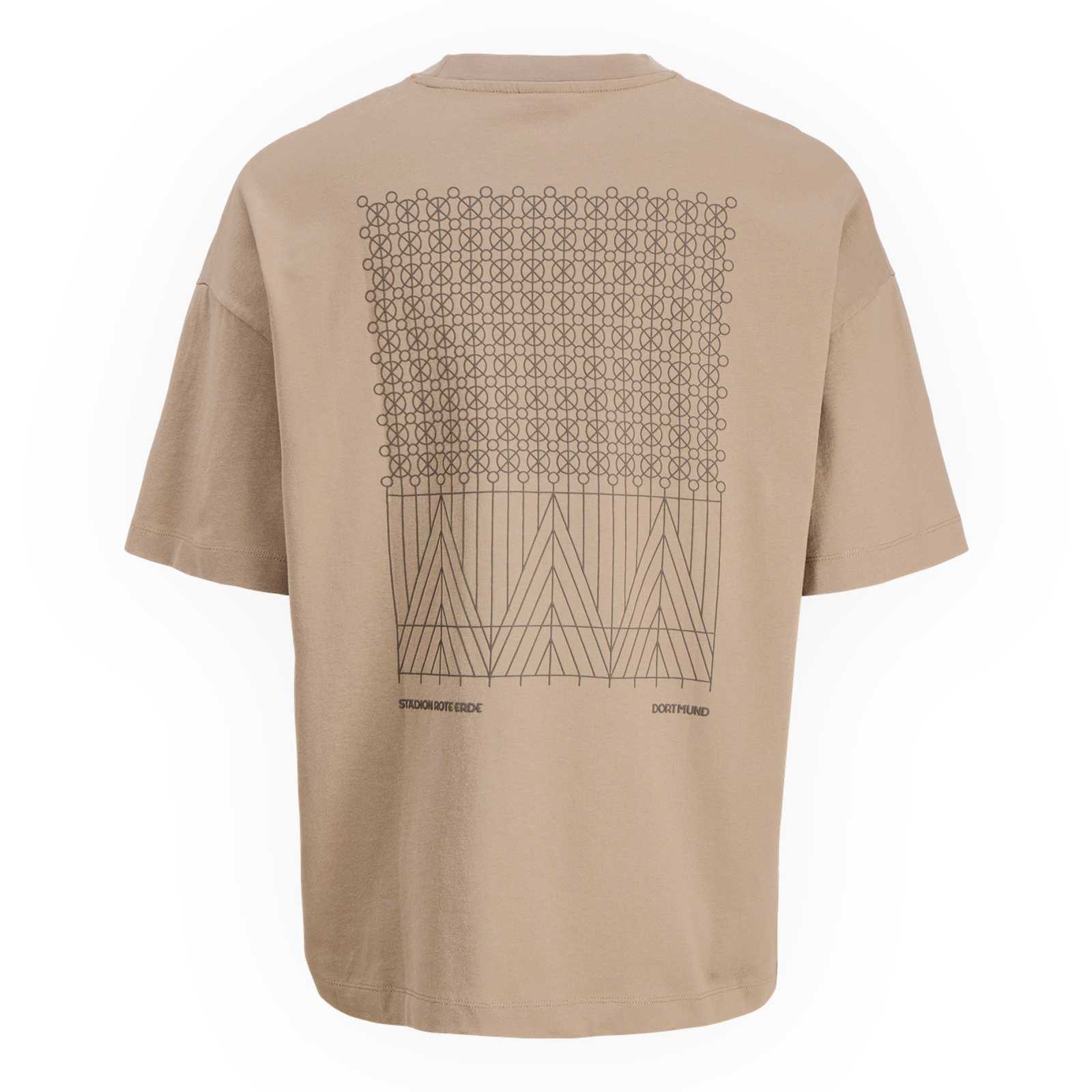 Die Rückansicht des beigen T-Shirts mit schwarzem Gittermuster über dem Rücken und den Schriftzügen Stadion Rote Erde und Dortmund unten