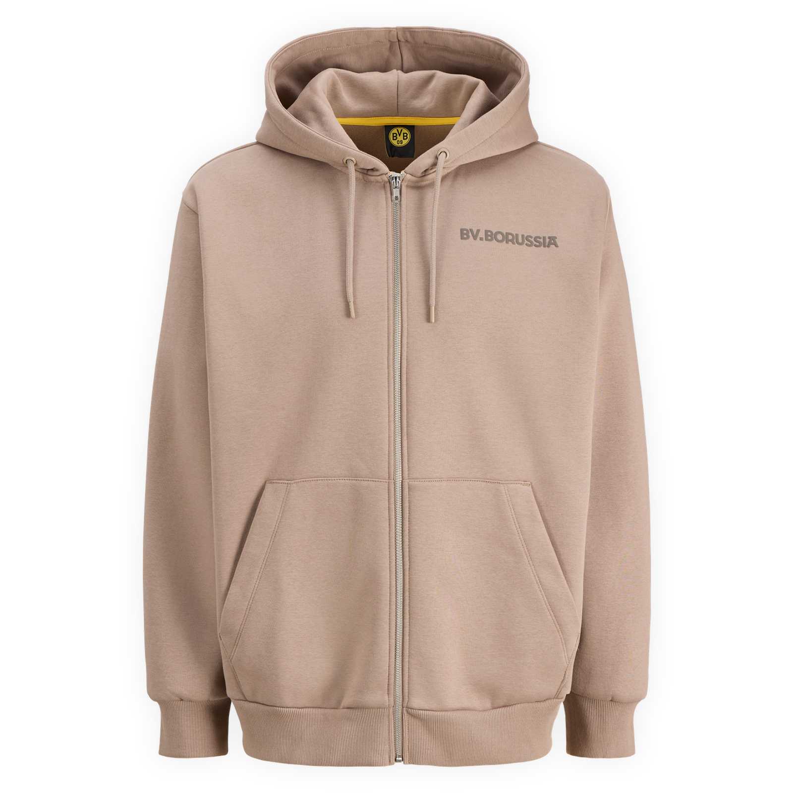 Die Vorderansicht des beigen Hoodies mit Kängurutasche und schwarzem BV. Borussia Schriftzug auf der Brust