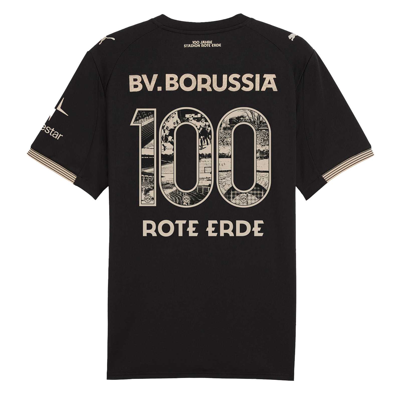Die Rückansicht des schwarzen Sondertrikots mit BV. Borussia Schriftzug in beige und dem 100-Jahre-Sonderflock